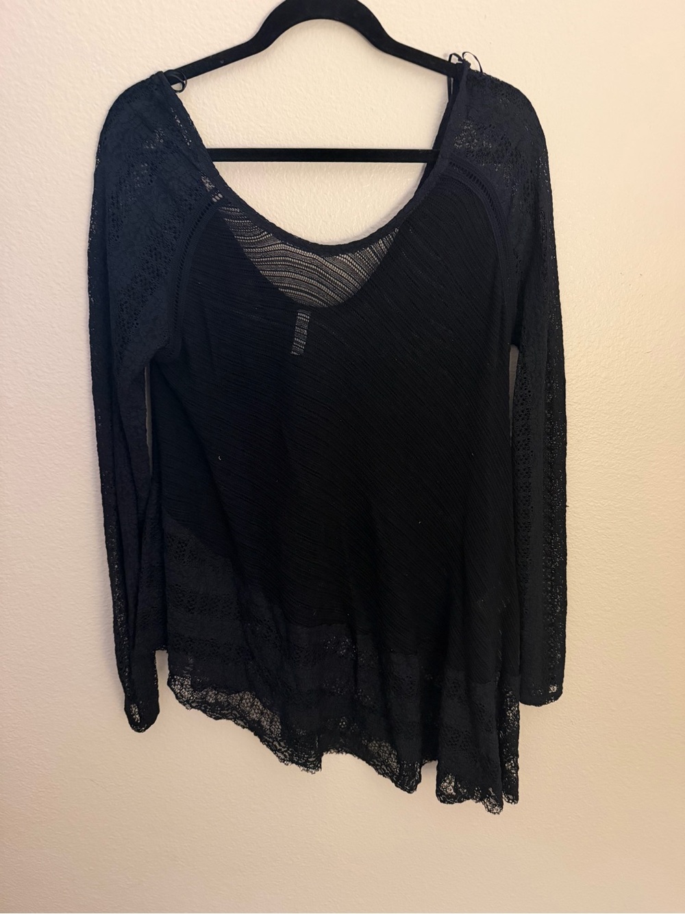 Women’s Black Lace Long-Sleeve Asymmetrical Top - Free People
